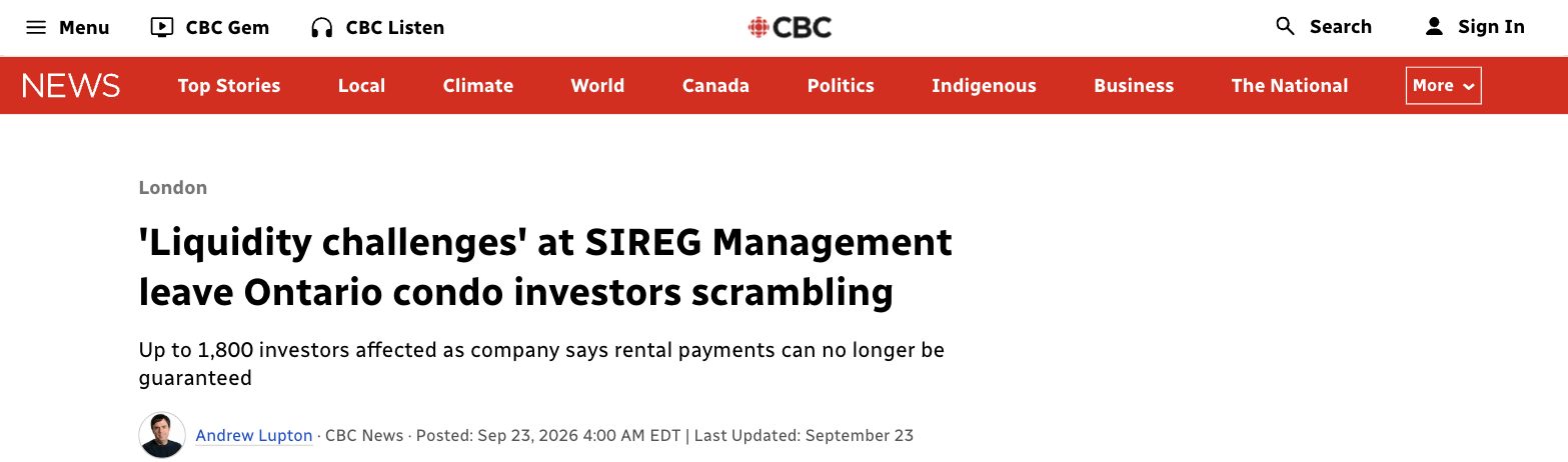 CBC News headline: Liquidity challenges at SIREG Management leave Ontario condo investors scrambling